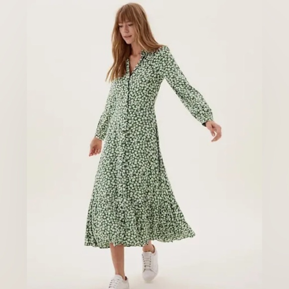 M&S collection Floral Long Sleeve Dress button down midi dress sz 16 Cottagecore